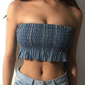Blue Ruched Bandeau Peplum Crop w/ White Lines [Abercrombie & Fitch]